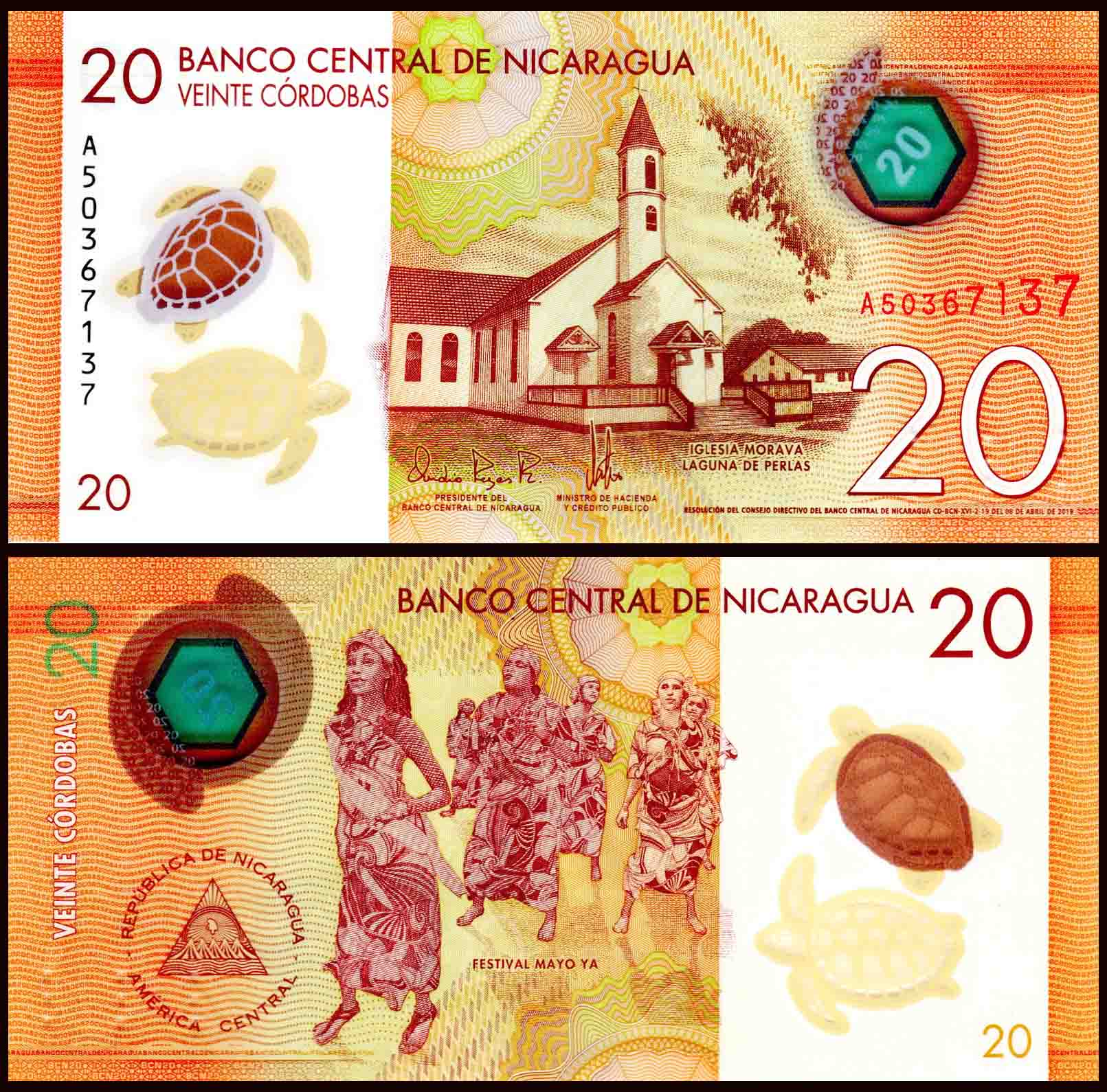 Nicaragua 20 Cordobas UNC Polymer  Banknote