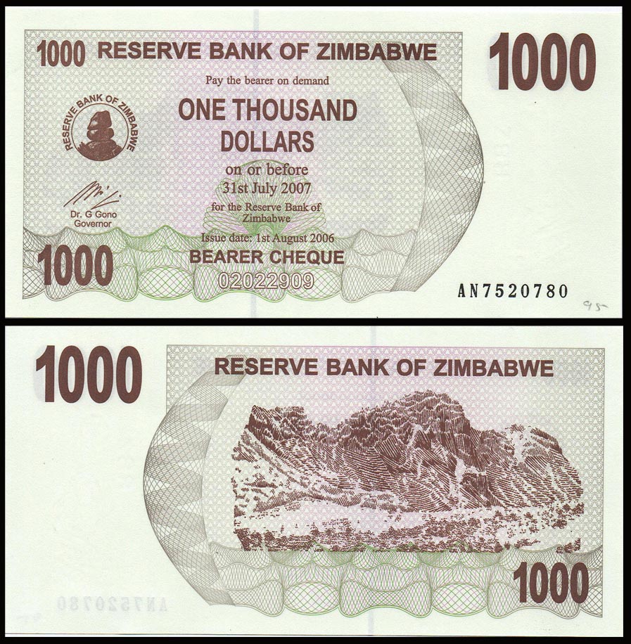 Zimbabwe 1000 Dollars Very Fine Banknote